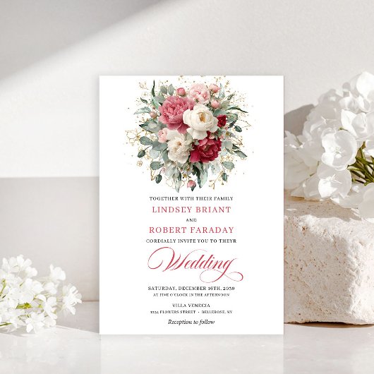 Romantic Bohemian Crimson Red White Gold Invites Kaart