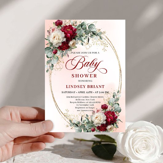 Romantic Bohemian Deep Red Floral Baby Shower Kaart