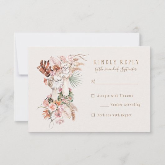 Romantic Bohemian Llama Wedding RSVP Antwoord (Voorkant)