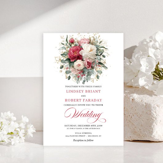 Romantic Bohemian Ruby Red White Greenery Invite Kaart