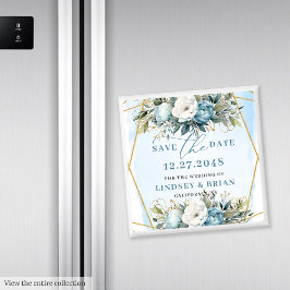 Romantic Boho Blue And White Peonies Save The Date Magneet