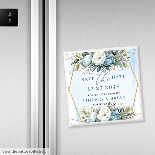 Romantic Boho Blue And White Peonies Save The Date Magneet