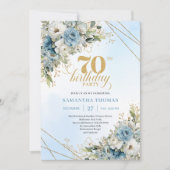 Romantic boho blue florals gold frame 70th birthda kaart (Voorkant)