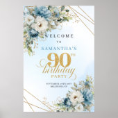 Romantic boho blue florals gold frame 90 birthday poster (Voorkant)