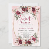 Romantic Boho Burgundy Blush Floral Sweet Sixteen Kaart (Voorkant)
