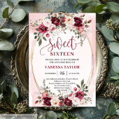 Romantic Boho Burgundy Blush Floral Sweet Sixteen Kaart
