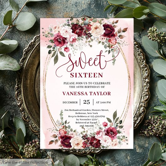 Romantic Boho Burgundy Blush Floral Sweet Sixteen Kaart