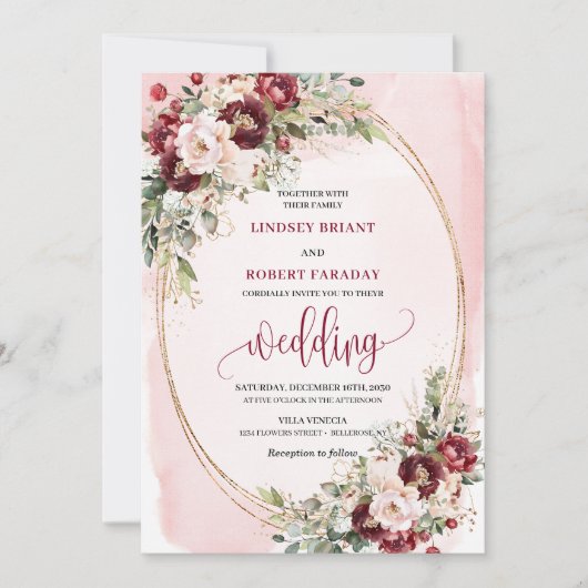Romantic Boho Burgundy Blush Gold Floral Invite Kaart (Voorkant)