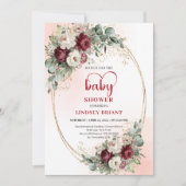 Romantic Boho Burgundy Eucalyptus Gold Baby Shower Kaart (Voorkant)