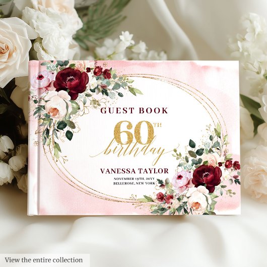 Romantic Boho Burgundy Floral 60th Birthday Gastenboek