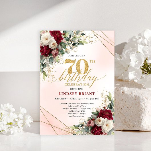 Romantic Boho Burgundy Floral Happy 70th Invitе Kaart