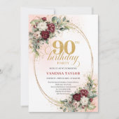 Romantic Boho Deep Red Flowers Gold 90th Birthday Kaart (Voorkant)