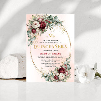 Romantic Boho Deep Red Flowers Gold Quince Invite Kaart