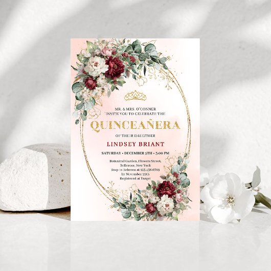Romantic Boho Deep Red Flowers Gold Quince Invite Kaart