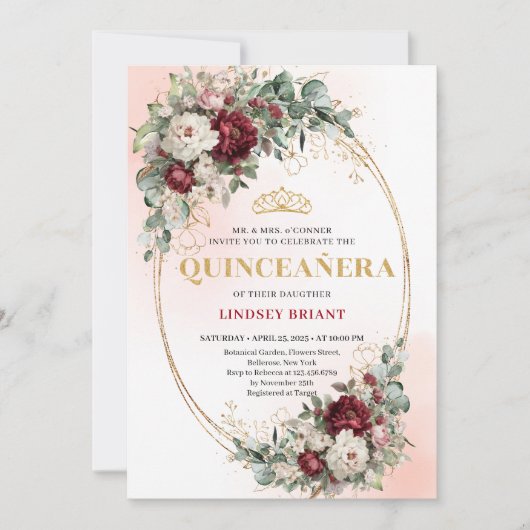 Romantic Boho Deep Red Flowers Gold Quince Invite Kaart (Voorkant)