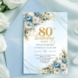 Romantic Boho Dusty Blue Floral Gold 80th Birthday Kaart
