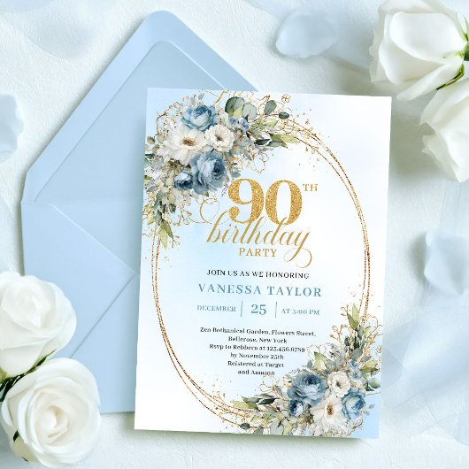 Romantic Boho Dusty Blue Flowers 90th Birthday Kaart