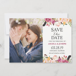 Romantic Boho Floral Feather Photo Save the Date
