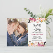 Romantic Boho Floral Feather Photo Save the Date (Staand voorkant)