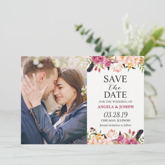 Romantic Boho Floral Feather Photo Save the Date (Staand voorkant)
