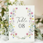 Romantic Boho Garden Wildflower Wedding Kaart<br><div class="desc">Guide your guests with ease using these watercolor wildflower wedding table number cards. Featuring a delicate hand-painted wreath of pink, purple, yellow, and blue blooms surrounding bold modern script, these cards bring a rustic yet elegant touch to your reception tables. Perfect for boho, garden, or spring and summer weddings, the...</div>