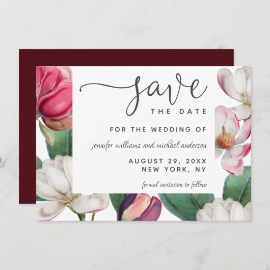 Romantic Boho Magnolia Floral Save the Date (Voorkant / Achterkant)