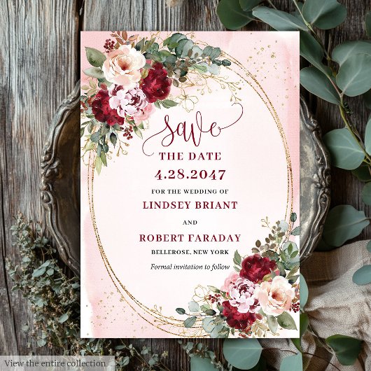 Romantic Boho Maroon Blush Gold Flowers Save Date Kaart