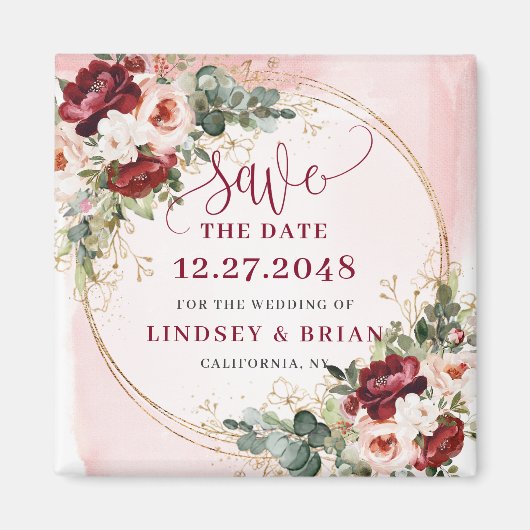 Romantic Boho Marsala Blush Gold Floral Magnet (Voorkant)