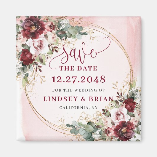 Romantic Boho Marsala Blush Gold Save the Date Magneet (Voorkant)