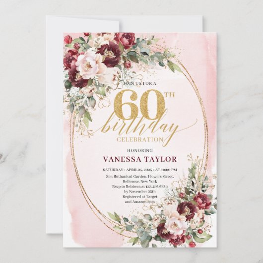 Romantic Boho Marsala Gold Floral 60th Birthday Kaart (Voorkant)