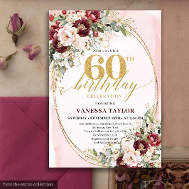 Romantic Boho Marsala Gold Floral 60th Birthday Kaart