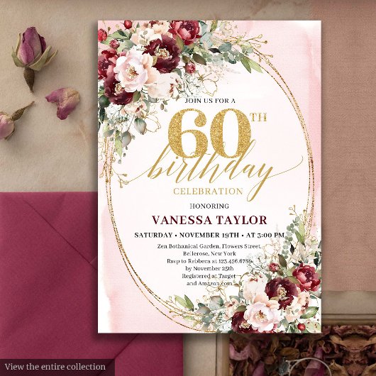 Romantic Boho Marsala Gold Floral 60th Birthday Kaart