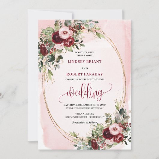 Romantic Boho Marsala Gold Floral Wedding Invite Kaart (Voorkant)