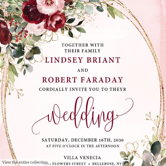 Romantic Boho Marsala Gold Floral Wedding Invite Kaart