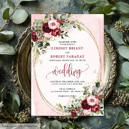Romantic Boho Marsala Gold Floral Wedding Invite Kaart