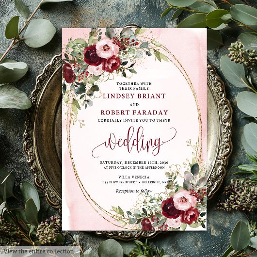 Romantic Boho Marsala Gold Floral Wedding Invite Kaart
