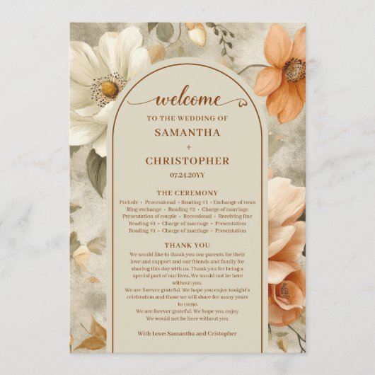 Romantic Boho Neutral Beige Olive Floral Program Programmakaart (Voorkant)