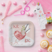 Romantic Boho Pink Heart Feathers Daisy Marble Papieren Bordje (Feest)