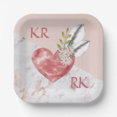 Romantic Boho Pink Heart Feathers Daisy Marble Papieren Bordje (Voorkant)