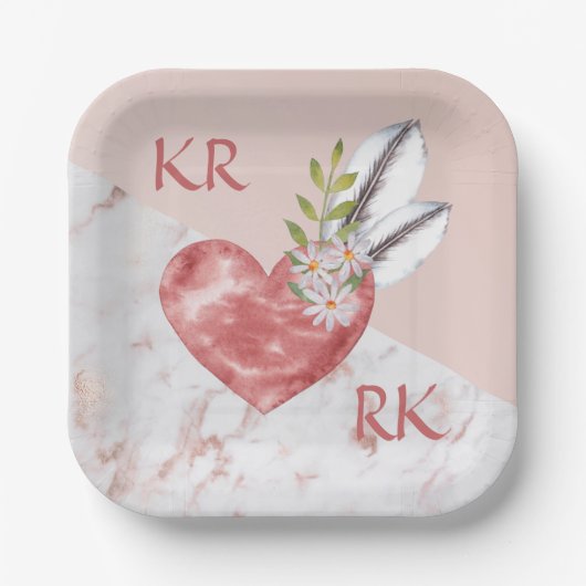 Romantic Boho Pink Heart Feathers Daisy Marble Papieren Bordje (Voorkant)