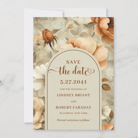 Romantic Boho Rust Ivory Floral Save The Date Kaart (Voorkant)