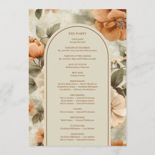 Romantic Boho Rust Ivory Olive Sage Floral Wedding Programmakaart (Achterkant)