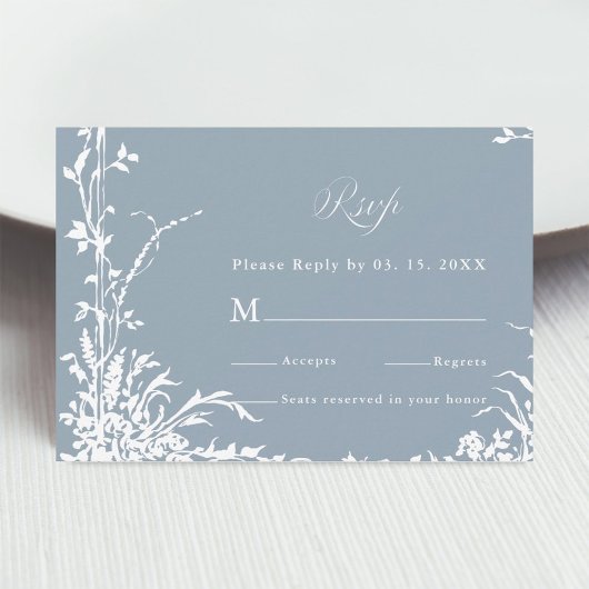 Romantic Botanical Garden Dusty Blue Wedding RSVP Kaartje