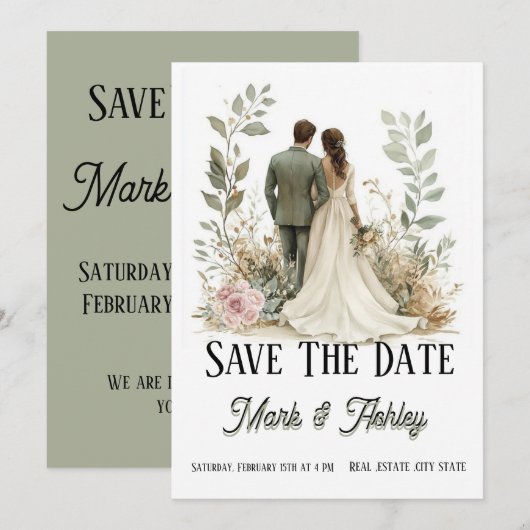 Romantic Botanical Save The Date | Bride & Groom  (Voorkant / Achterkant)