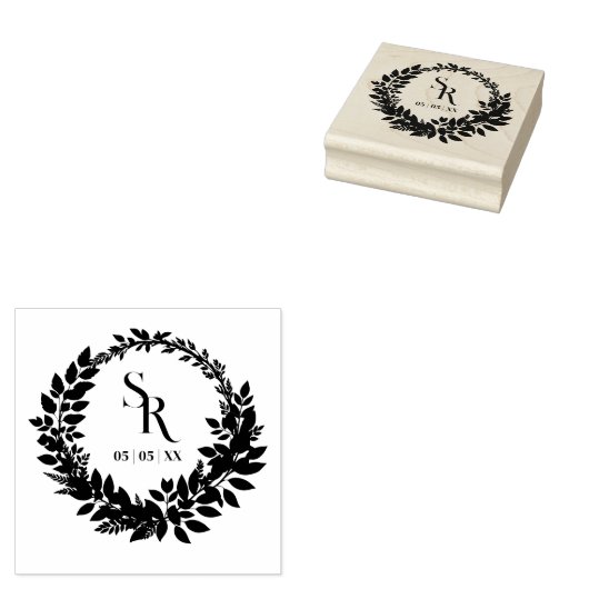 Romantic Botanical Wreath Wedding Initials Rubberstempel (Gestempeld)