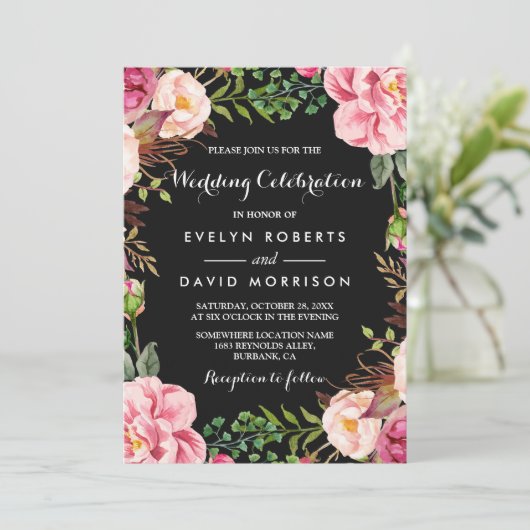 Romantic Botanische Roze Floral Wreath Wedding Kaart (Staand voorkant)