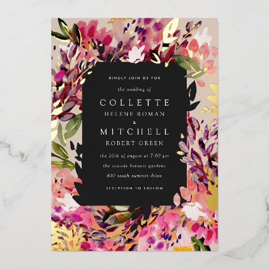 Romantic Bouquet Hot Pink Black Gold Folie Uitnodiging (Voorkant)