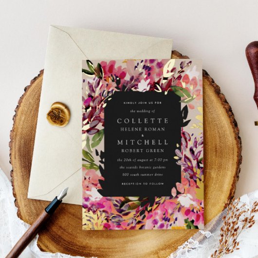 Romantic Bouquet Hot Pink Black Gold Folie Uitnodiging