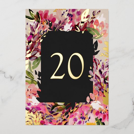 Romantic Bouquet Hot Pink Black Gold Table Number Folie Uitnodiging (Voorkant)