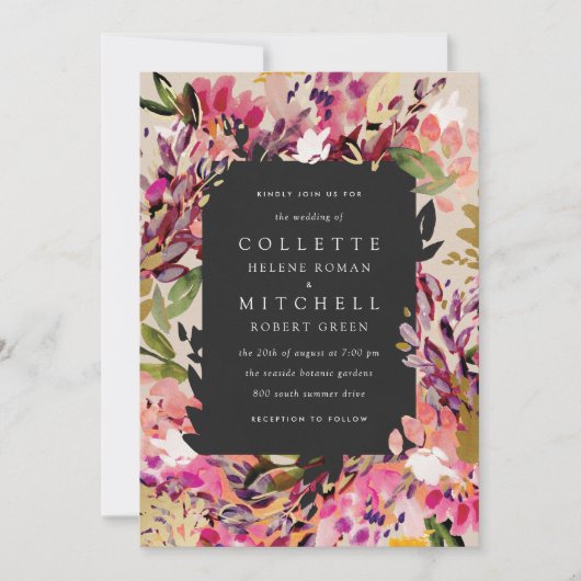 Romantic Bouquet Hot Pink Black Gold Wedding Kaart (Voorkant)